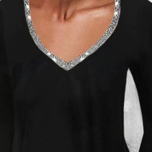 Sheilay Black V-Neck Long Sleeve Knit Top with Silver Trim Sz XXL